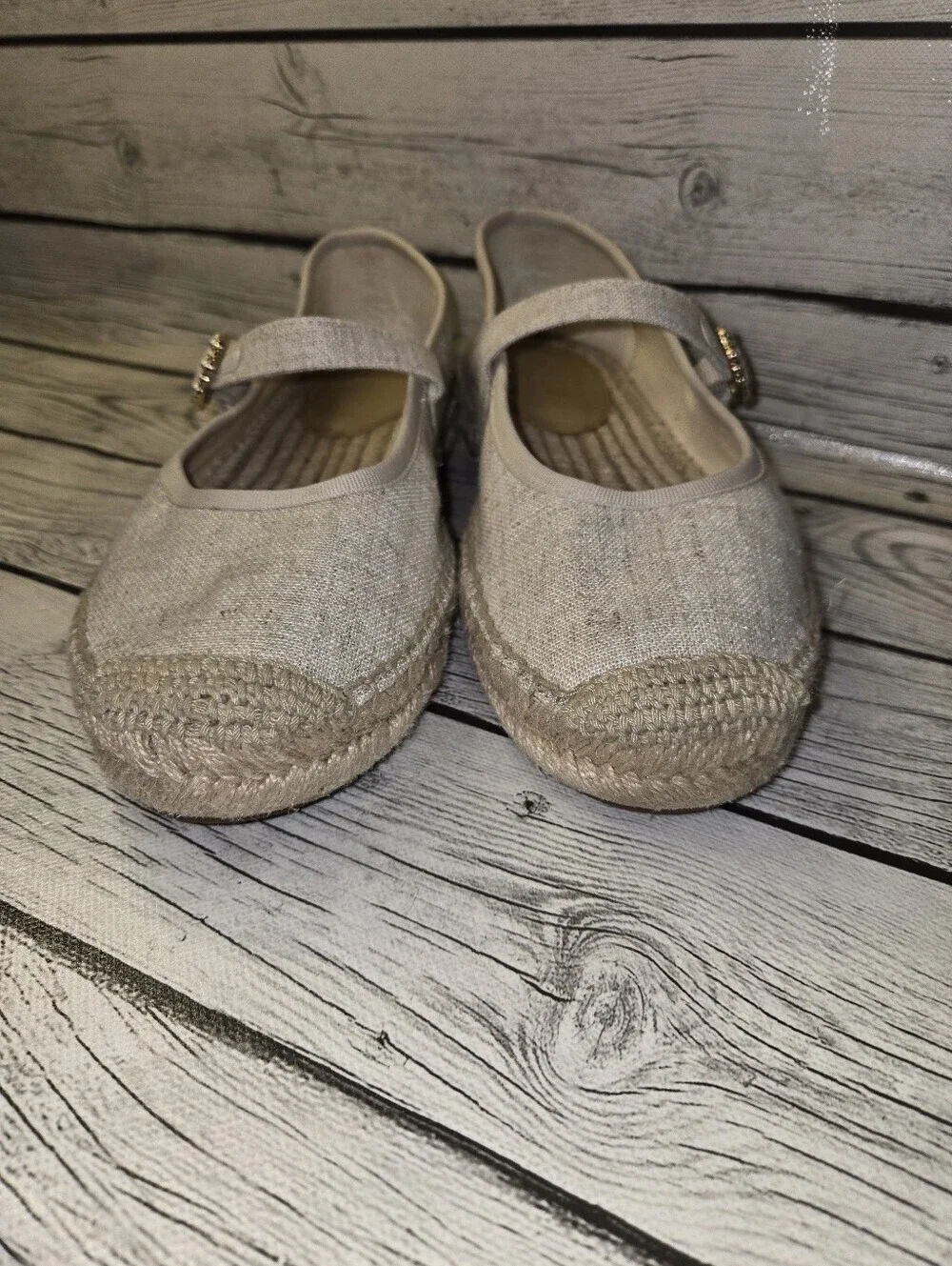 J. Crew Espadrille Mary Jane Flats 8 New Linen organic cork cotton garden